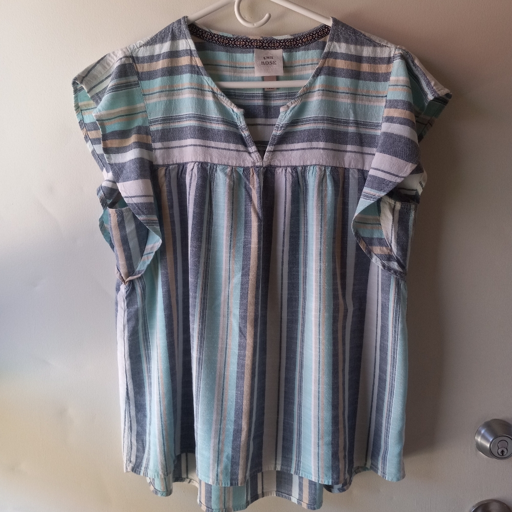 Knox Rose Size L Blue Aqua Beige Blouse with Mandarin Collar and Relaxed Fit